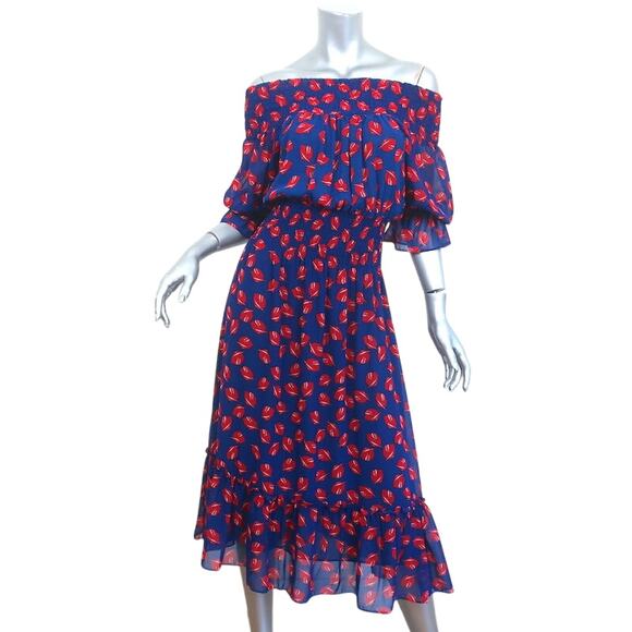 Misa Off The Shoulder Midi‎ Dress Navy Leaf Print Smocked Dress Size Medium - Picture 1 of 8